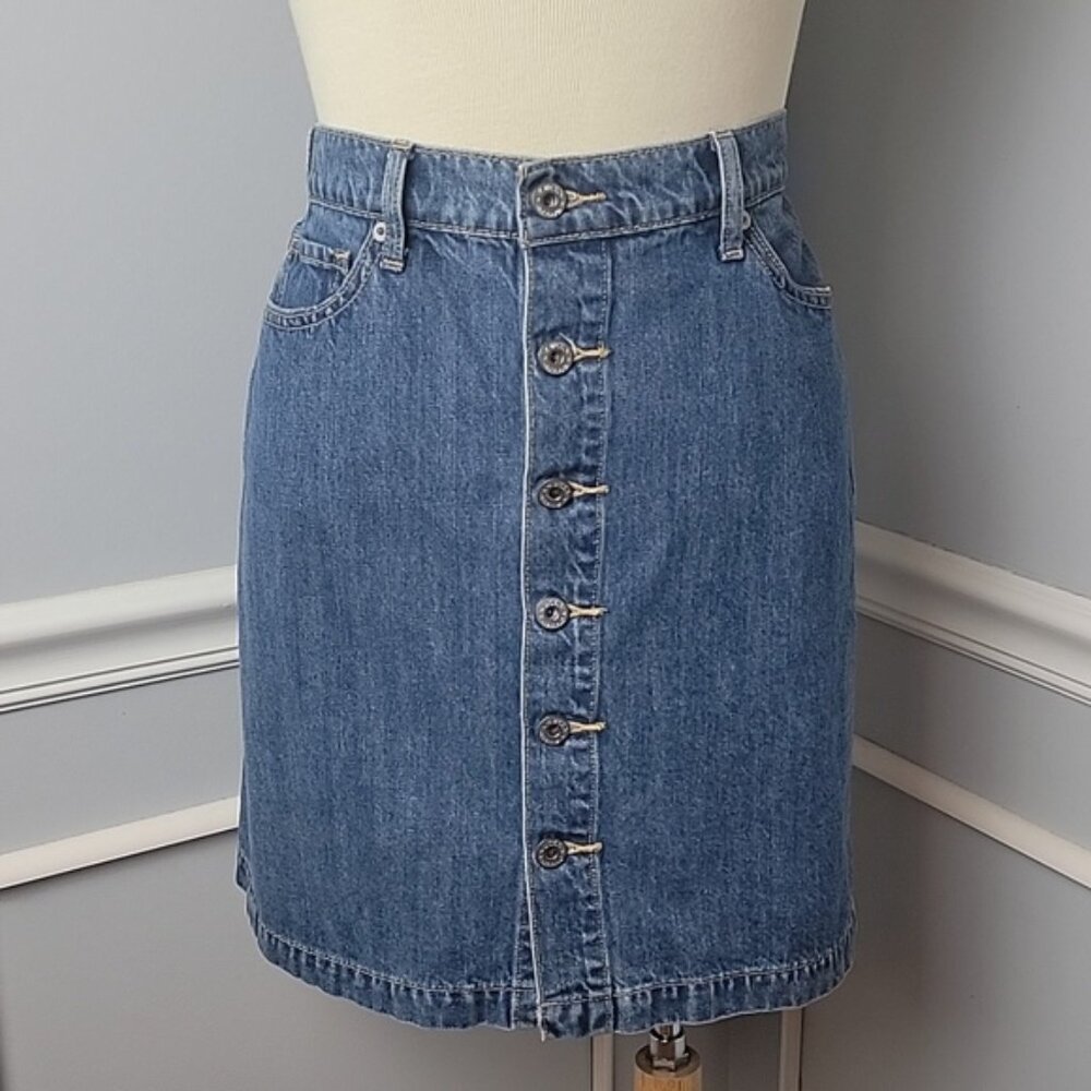 LUCKY BRAND High Rise Medium Wash Button Front Denim Casual Jean Skirt Sz 6/28‎